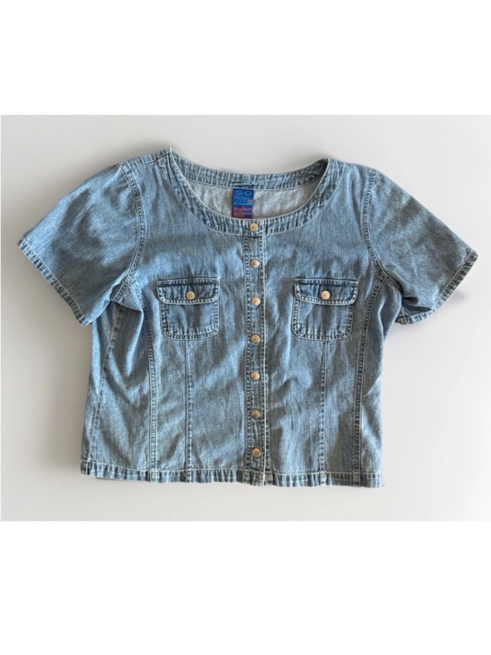 Vtg 90s SO BLUE Denim Short Sleeve Top Size 12 Collarless‎ Button Up Blue Wash